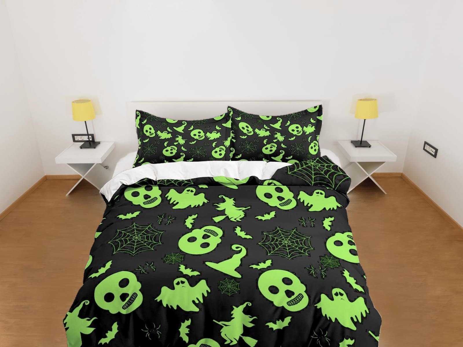 Neon green skulls and ghosts halloween bedding & pillowcase, gothic duvet cover, dorm bedding, goth decor toddler bedding,…