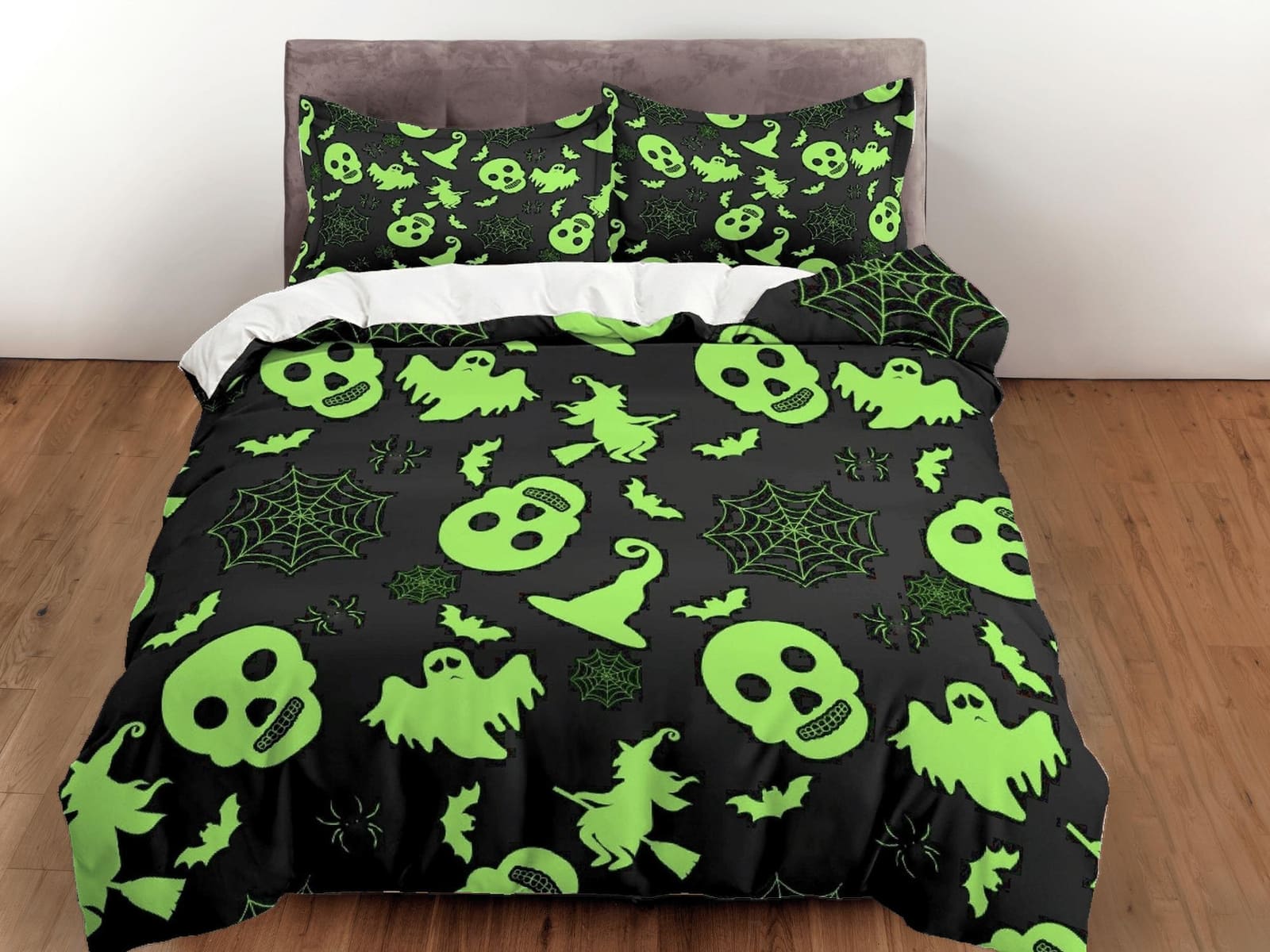 Neon green skulls and ghosts halloween bedding & pillowcase, gothic duvet cover, dorm bedding, goth decor toddler bedding,…
