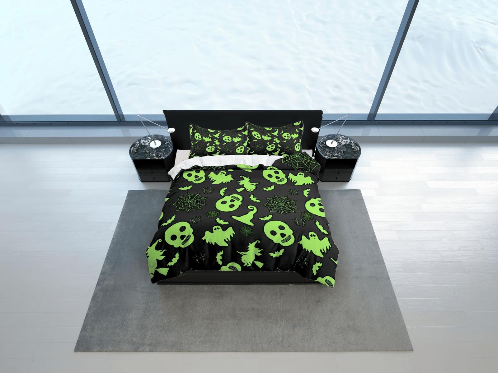 Neon green skulls and ghosts halloween bedding & pillowcase, gothic duvet cover, dorm bedding, goth decor toddler bedding,…