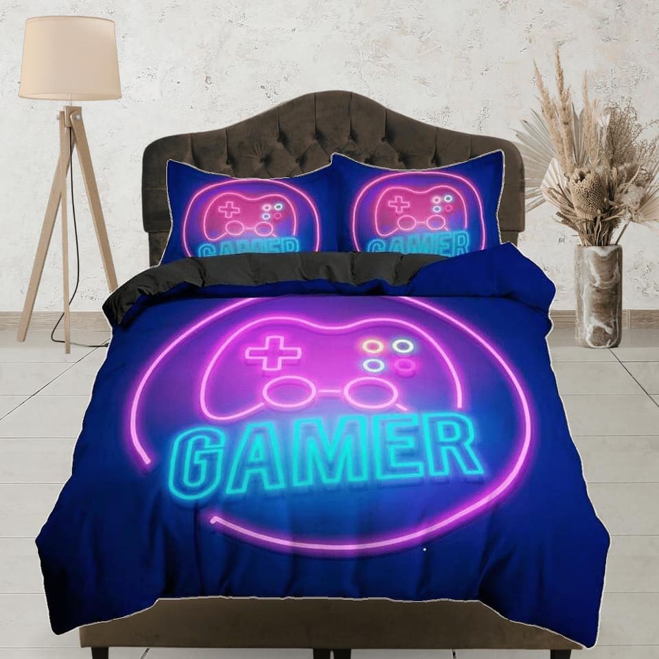 Neon lights gamer bedding duvet cover, video gamer boyfriend gift bedding set full king queen twin, boys bedroom, college…