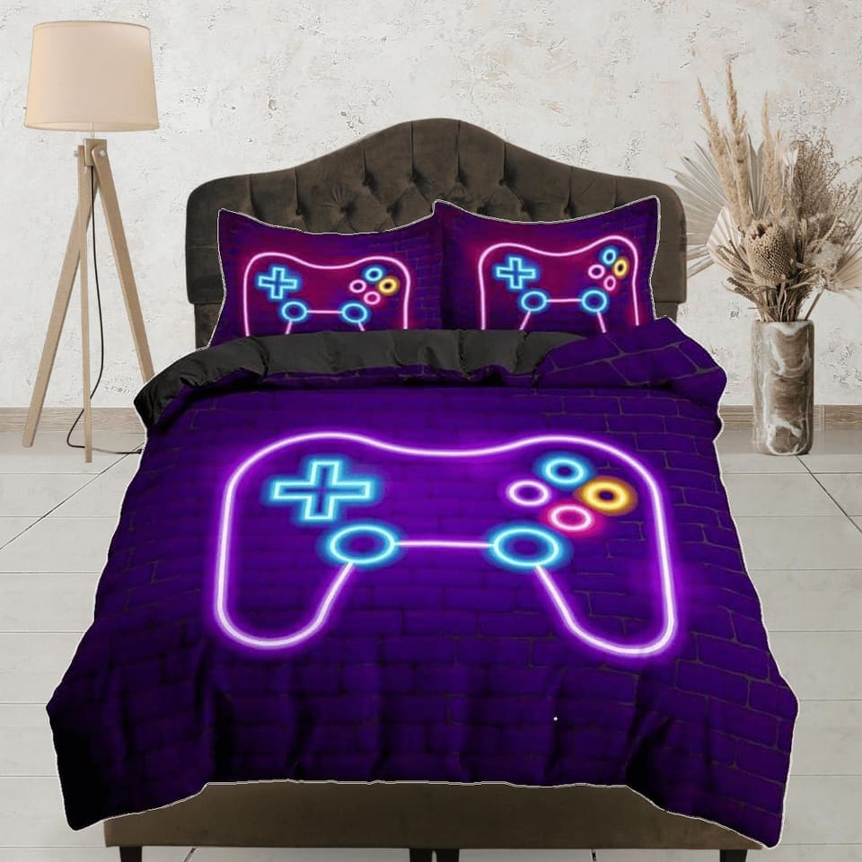 Neon lights gamer bedding purple duvet cover, video gamer boyfriend gift bedding set full king queen twin, boys bedroom co…