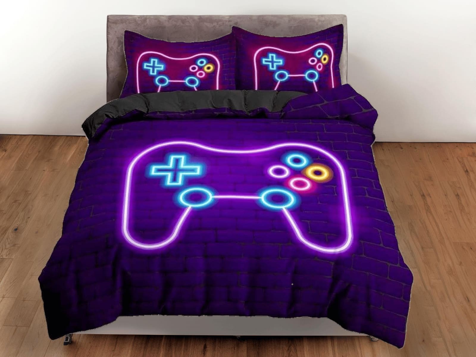 Neon lights gamer bedding purple duvet cover, video gamer boyfriend gift bedding set full king queen twin, boys bedroom co…