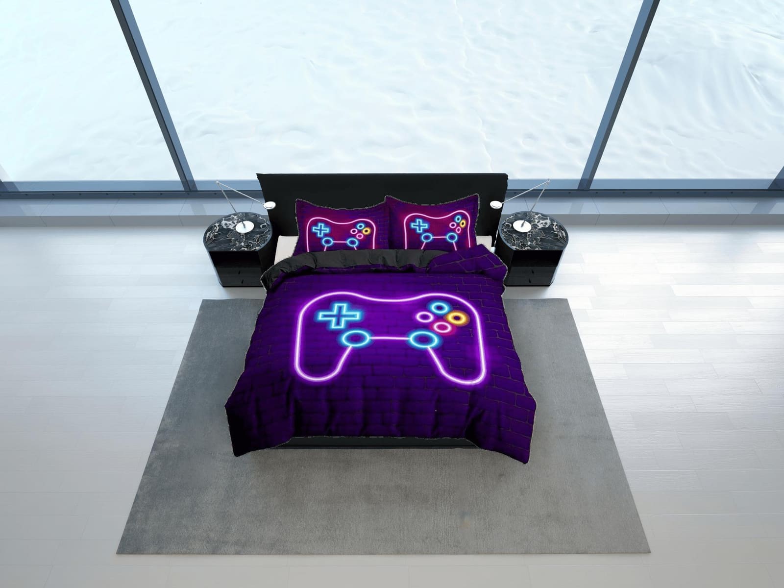 Neon lights gamer bedding purple duvet cover, video gamer boyfriend gift bedding set full king queen twin, boys bedroom co…
