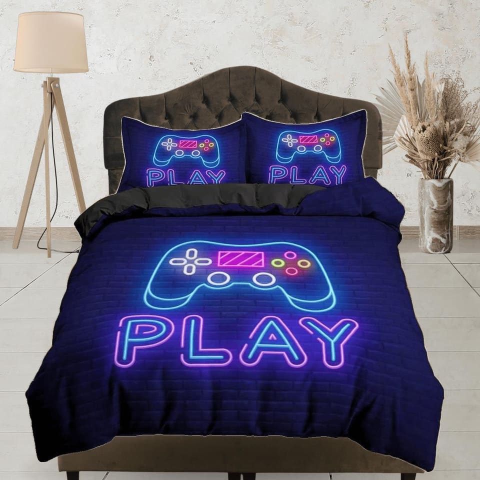 Neon lights play gamer bedding duvet cover, video gamer boyfriend gift bedding set full king queen twin, boys bedroom, col…
