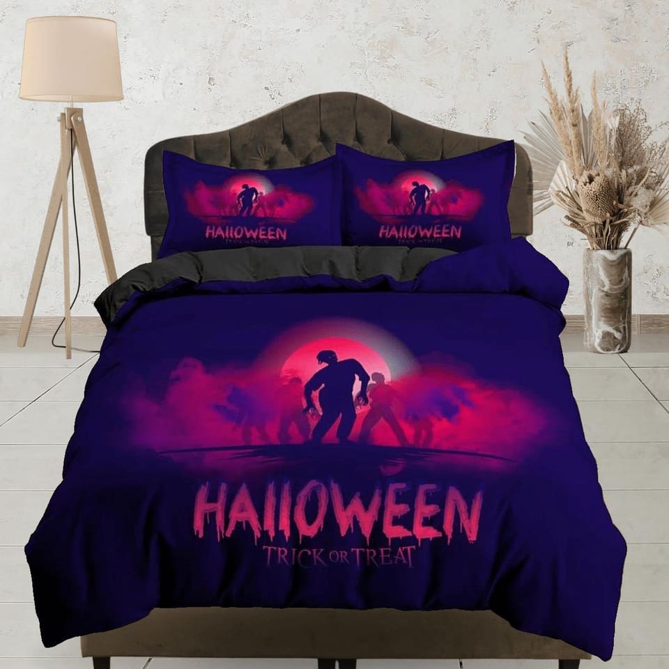 Neon pink halloween bedding & pillowcase, gothic duvet cover, dorm bedding, goth decor toddler bedding, halloween gift