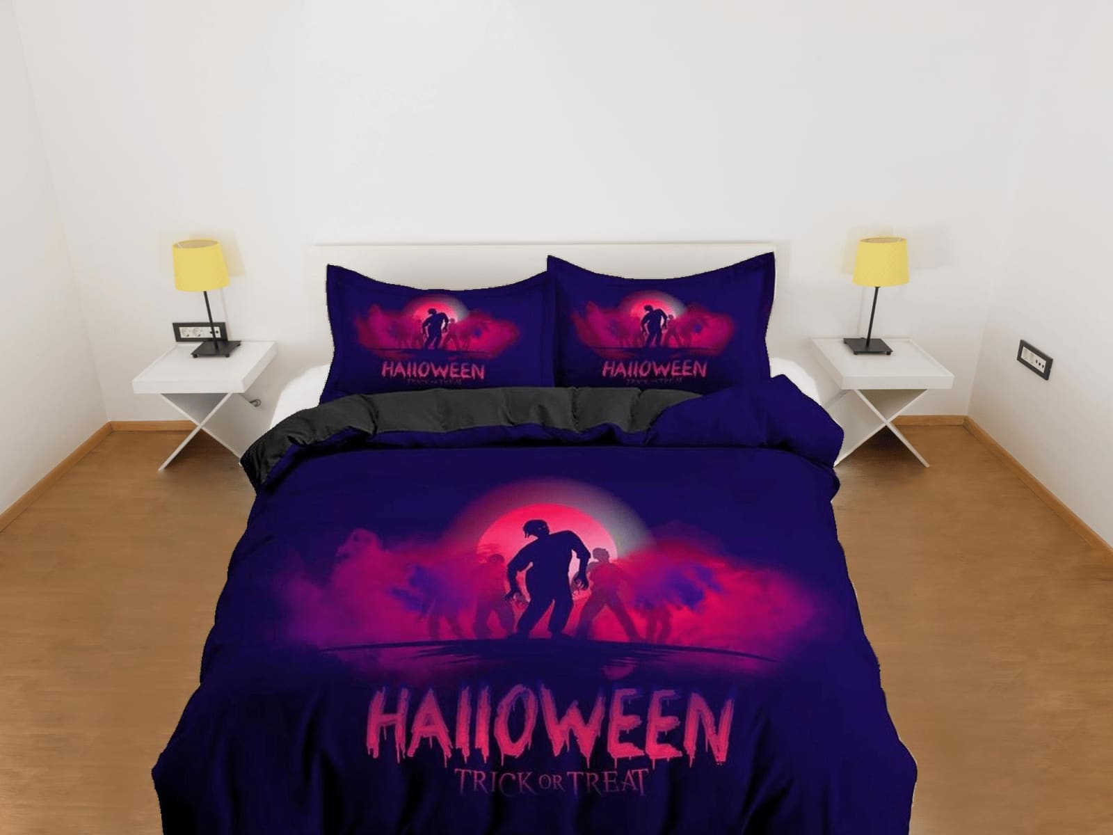 Neon pink halloween bedding & pillowcase, gothic duvet cover, dorm bedding, goth decor toddler bedding, halloween gift