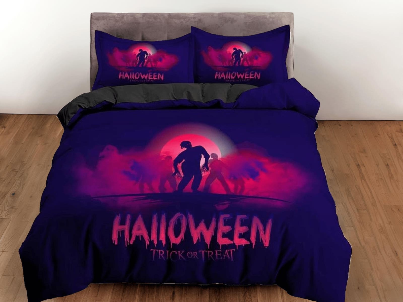 Neon pink halloween bedding & pillowcase, gothic duvet cover, dorm bedding, goth decor toddler bedding, halloween gift