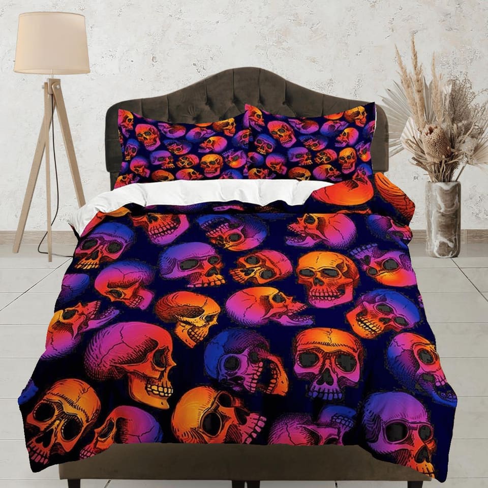 Neon skulls halloween bedding & pillowcase, gothic duvet cover, dorm bedding, halloween goth decor toddler bedding, hallow…
