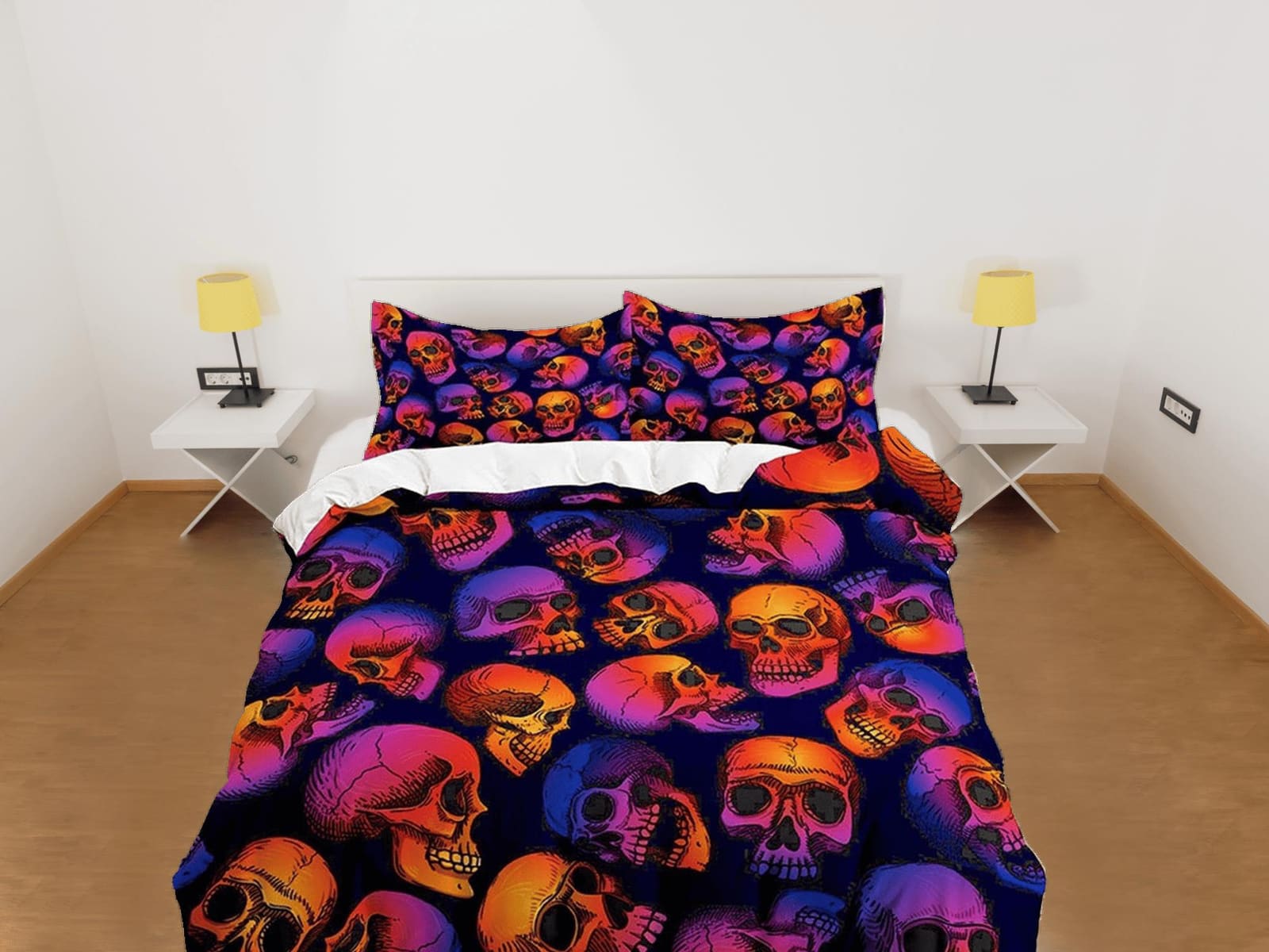 Neon skulls halloween bedding & pillowcase, gothic duvet cover, dorm bedding, halloween goth decor toddler bedding, hallow…