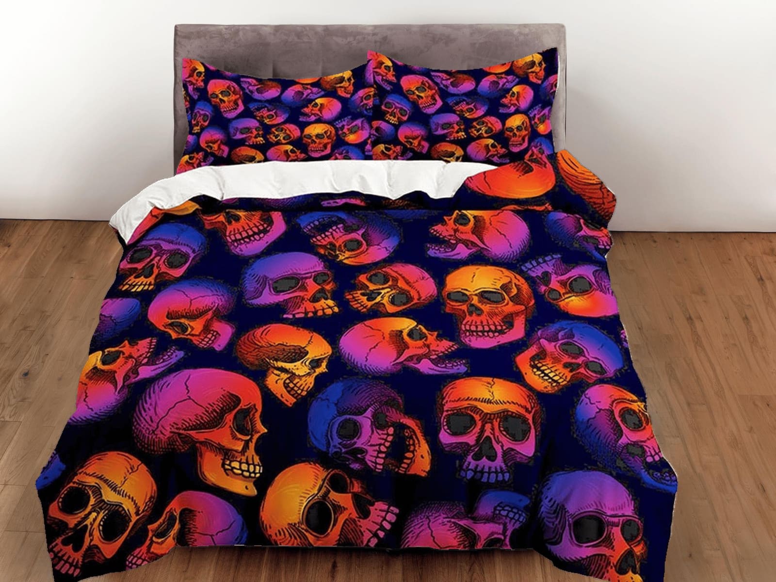 Neon skulls halloween bedding & pillowcase, gothic duvet cover, dorm bedding, halloween goth decor toddler bedding, hallow…