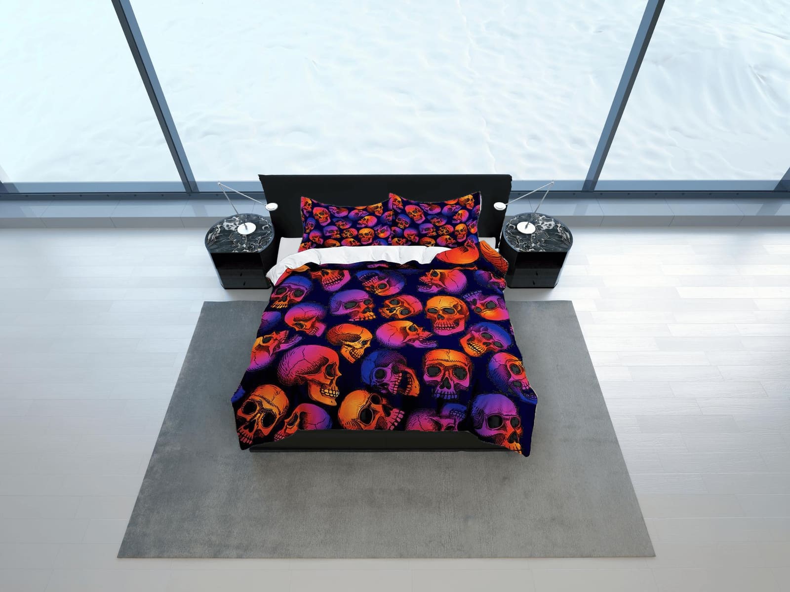 Neon skulls halloween bedding & pillowcase, gothic duvet cover, dorm bedding, halloween goth decor toddler bedding, hallow…