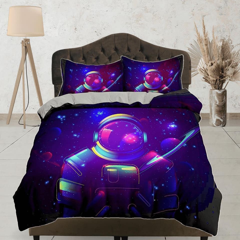Neon Space Galaxy Astronaut Purple Bedding, Cool Hippie Duvet Cover Set, Bedding for Kids, Teens, Boys and Adults, Dark Co…