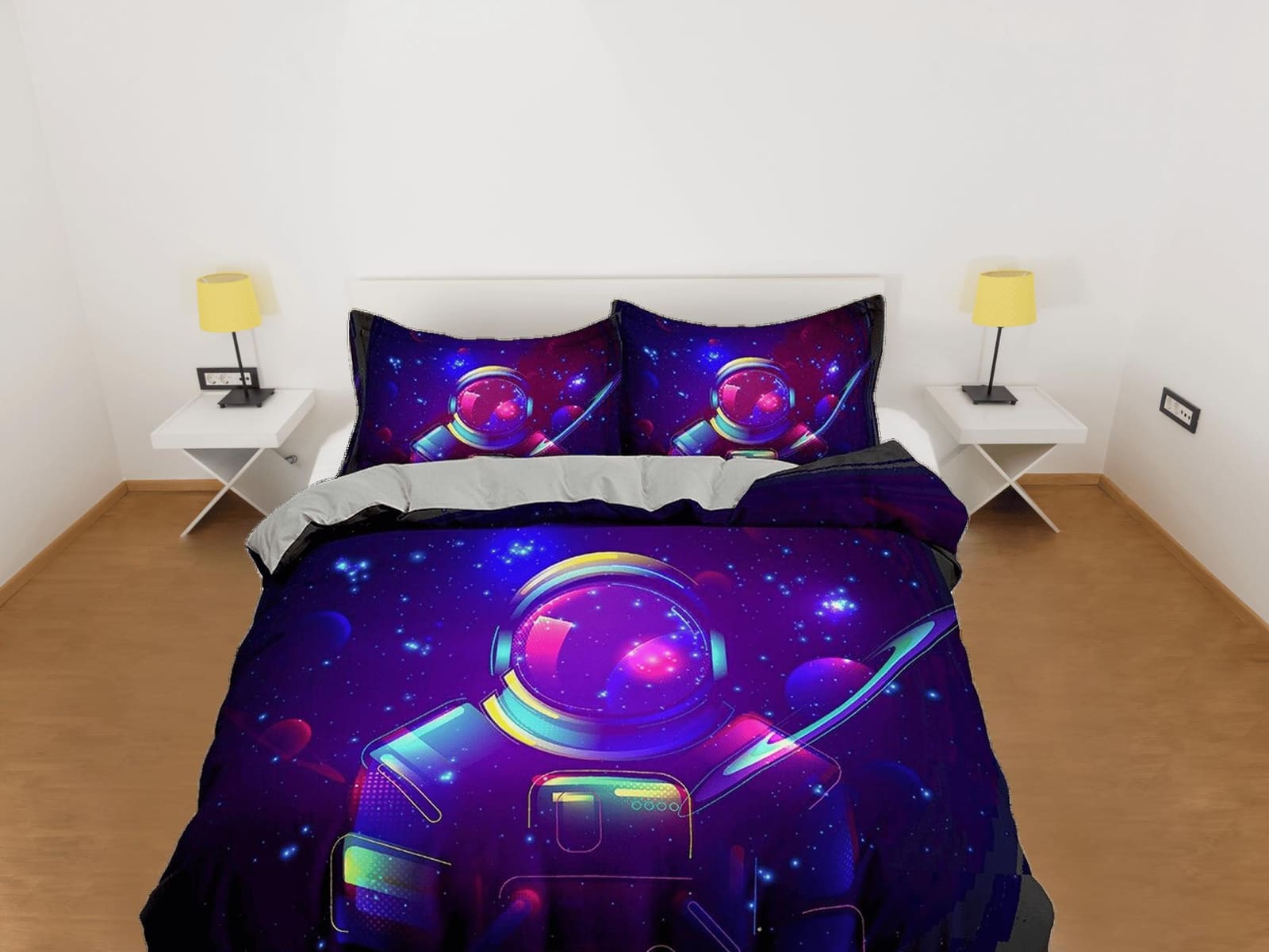 Neon Space Galaxy Astronaut Purple Bedding, Cool Hippie Duvet Cover Set, Bedding for Kids, Teens, Boys and Adults, Dark Co…