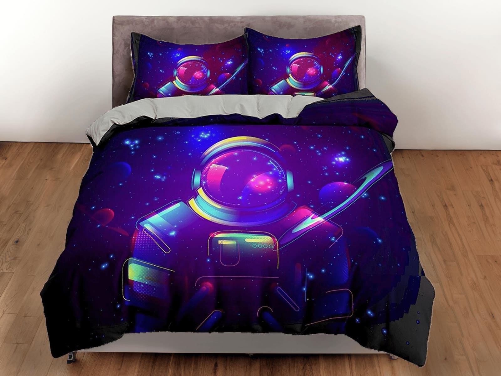 Neon Space Galaxy Astronaut Purple Bedding, Cool Hippie Duvet Cover Set, Bedding for Kids, Teens, Boys and Adults, Dark Co…