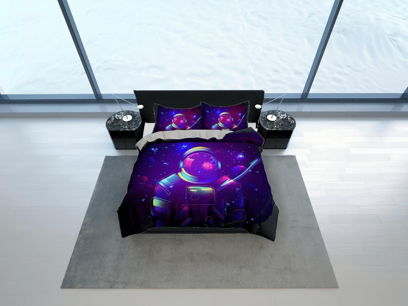 Neon Space Galaxy Astronaut Purple Bedding, Cool Hippie Duvet Cover Set, Bedding for Kids, Teens, Boys and Adults, Dark Co…