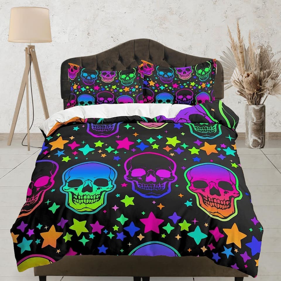 Neon stars and skull halloween bedding & pillowcase, gothic duvet cover, dorm bedding, goth decor toddler bedding, hallowe…