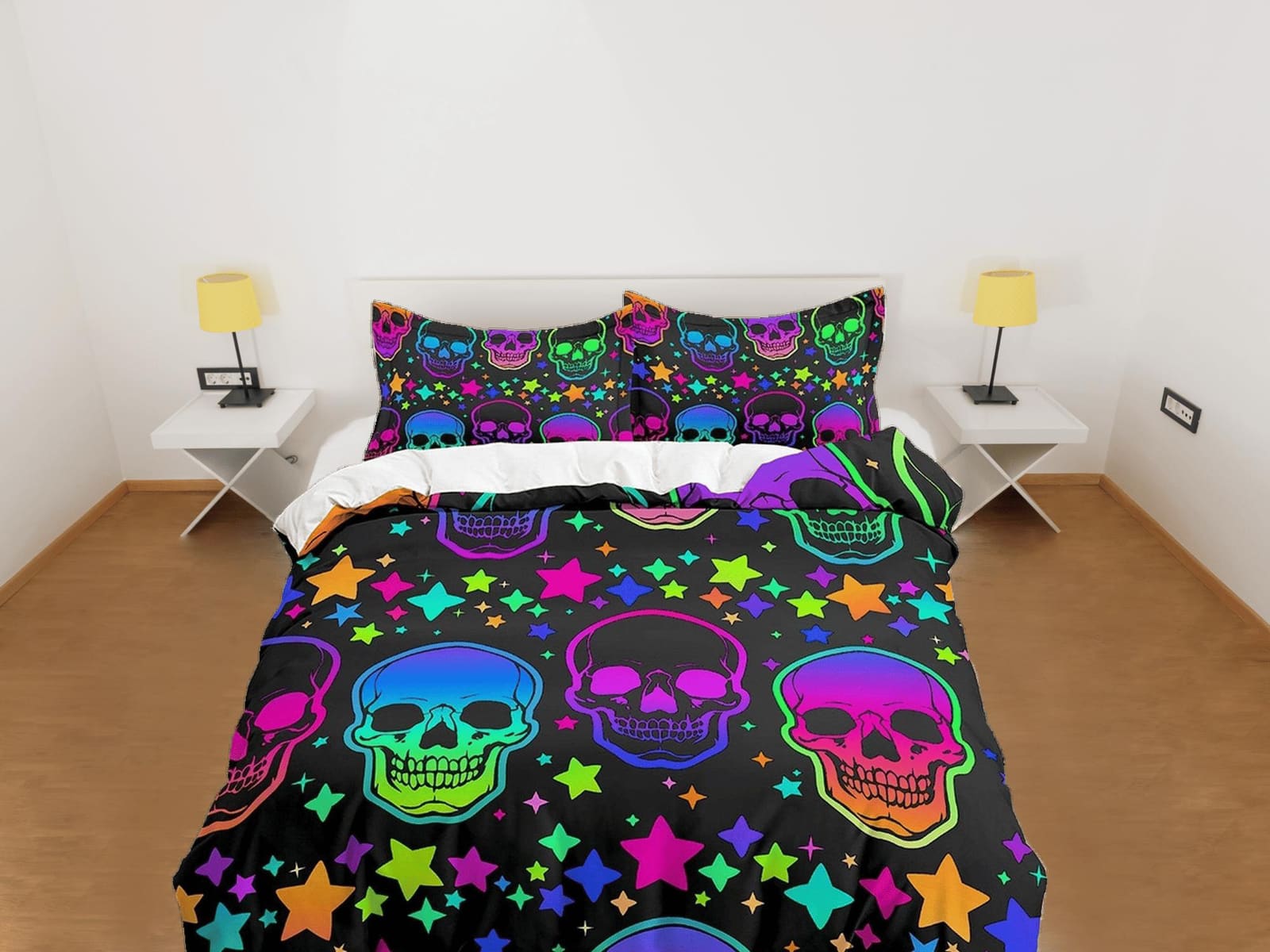 Neon stars and skull halloween bedding & pillowcase, gothic duvet cover, dorm bedding, goth decor toddler bedding, hallowe…