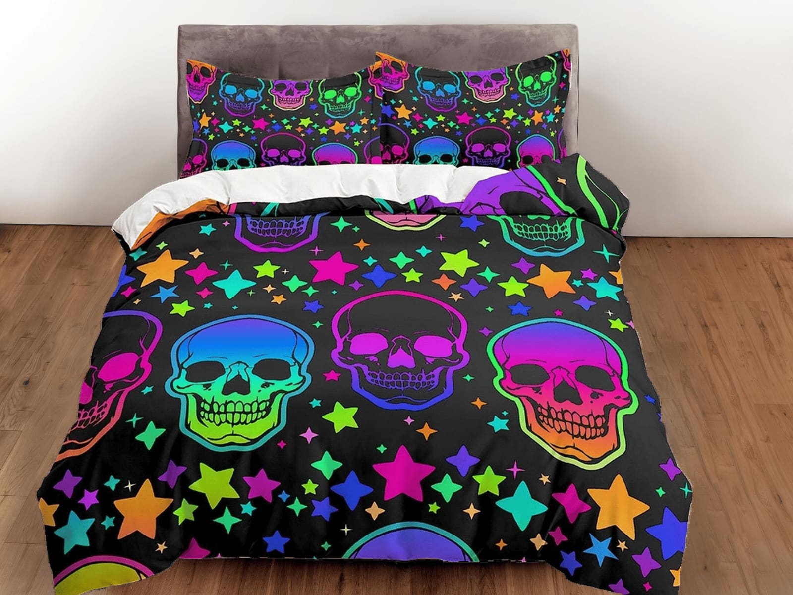 Neon stars and skull halloween bedding & pillowcase, gothic duvet cover, dorm bedding, goth decor toddler bedding, hallowe…