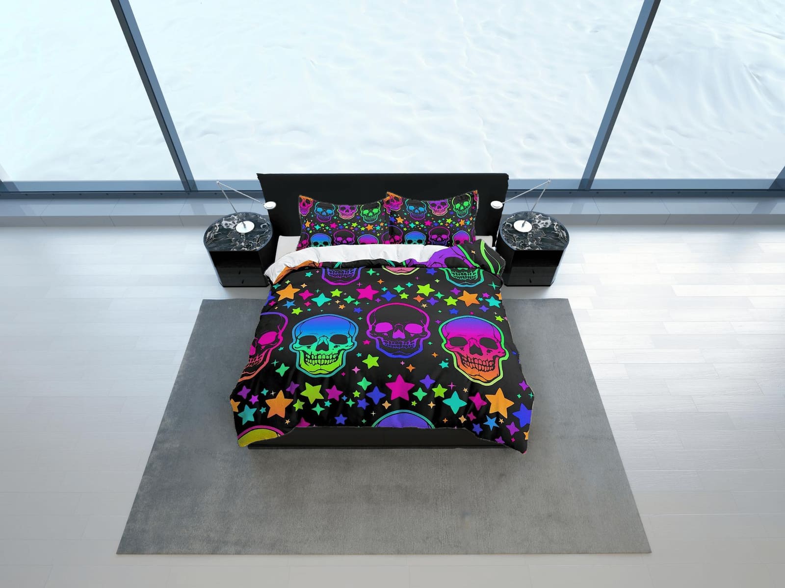 Neon stars and skull halloween bedding & pillowcase, gothic duvet cover, dorm bedding, goth decor toddler bedding, hallowe…