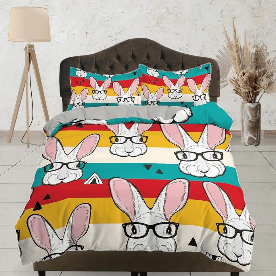 Nerdy Rabbit Colorful Bedding, Duvet Cover Set & Pillowcase, Zipper Bedding, Dorm Bedding, Teens Adult Duvet King Queen Fu…