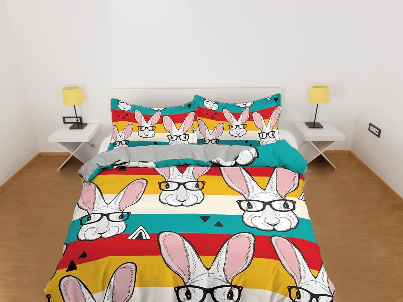 Nerdy Rabbit Colorful Bedding, Duvet Cover Set & Pillowcase, Zipper Bedding, Dorm Bedding, Teens Adult Duvet King Queen Fu…