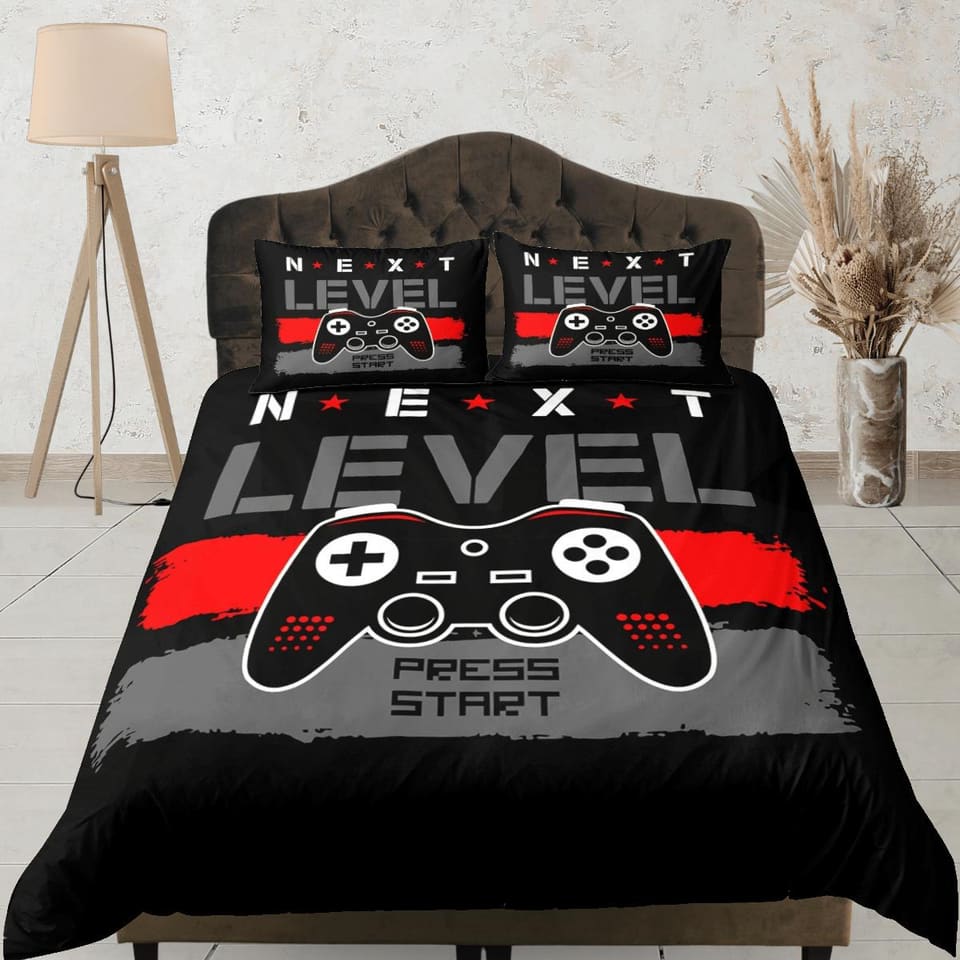 Next level gamer bedding black duvet cover, video gamer boyfriend gift bedding set full king queen twin, boys bedroom, col…