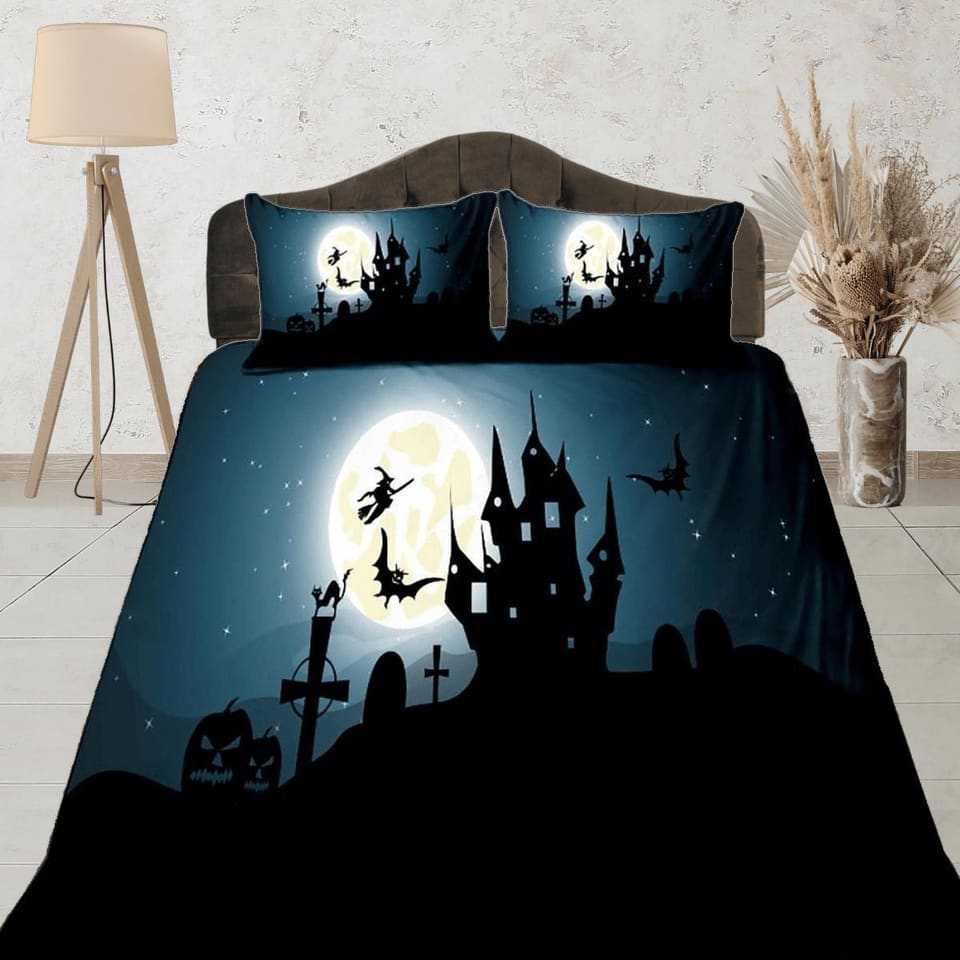 Night haunted house halloween bedding & pillowcase, gothic duvet cover, dorm bedding, goth decor toddler bedding, hallowee…