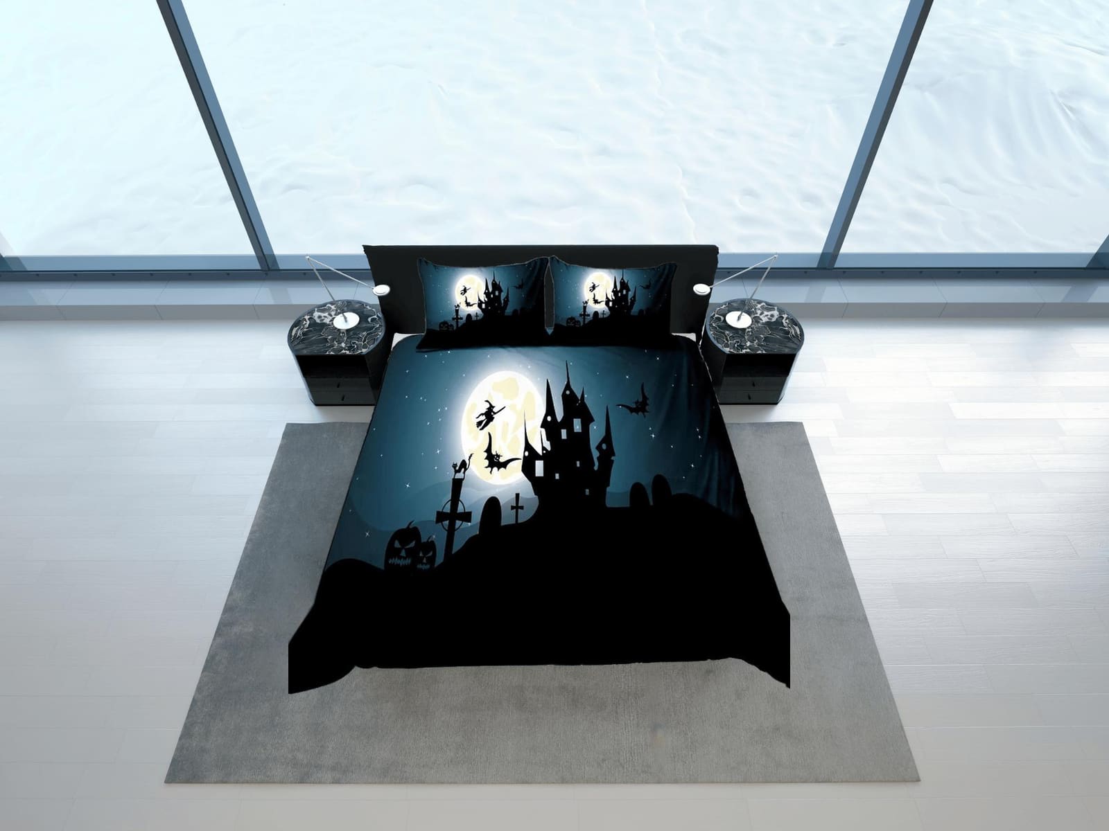 Night haunted house halloween bedding & pillowcase, gothic duvet cover, dorm bedding, goth decor toddler bedding, hallowee…
