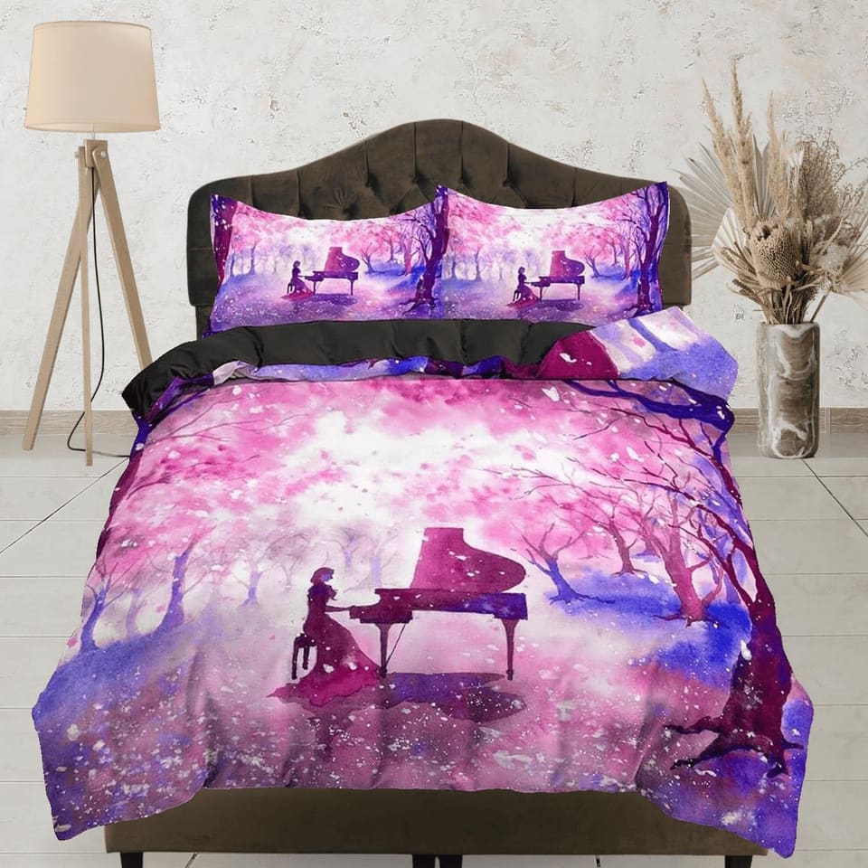 Night piano cherry blossom bedding floral prints duvet cover queen, king, boho bedding designer bedspread full size beddin…