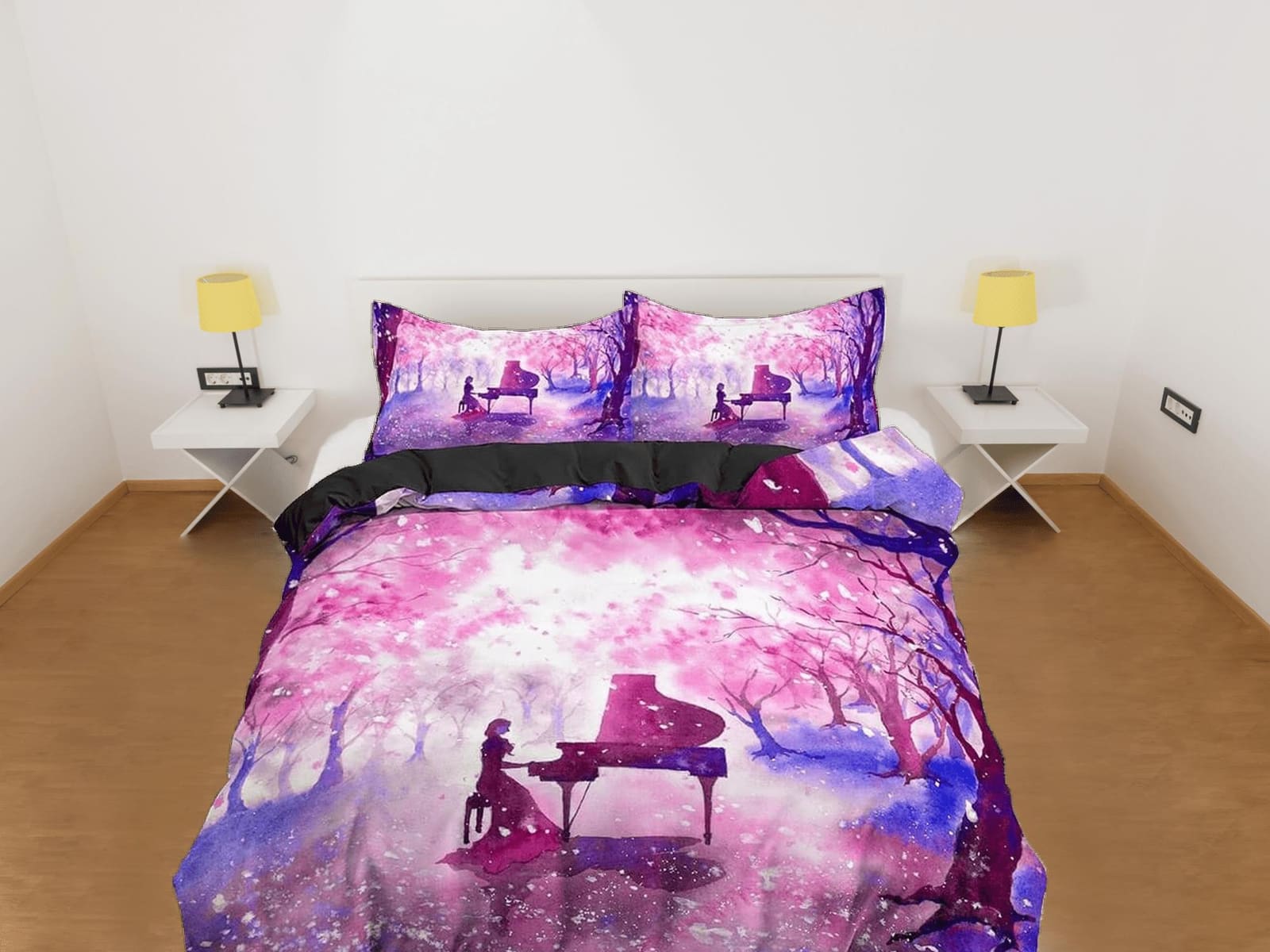Night piano cherry blossom bedding floral prints duvet cover queen, king, boho bedding designer bedspread full size beddin…