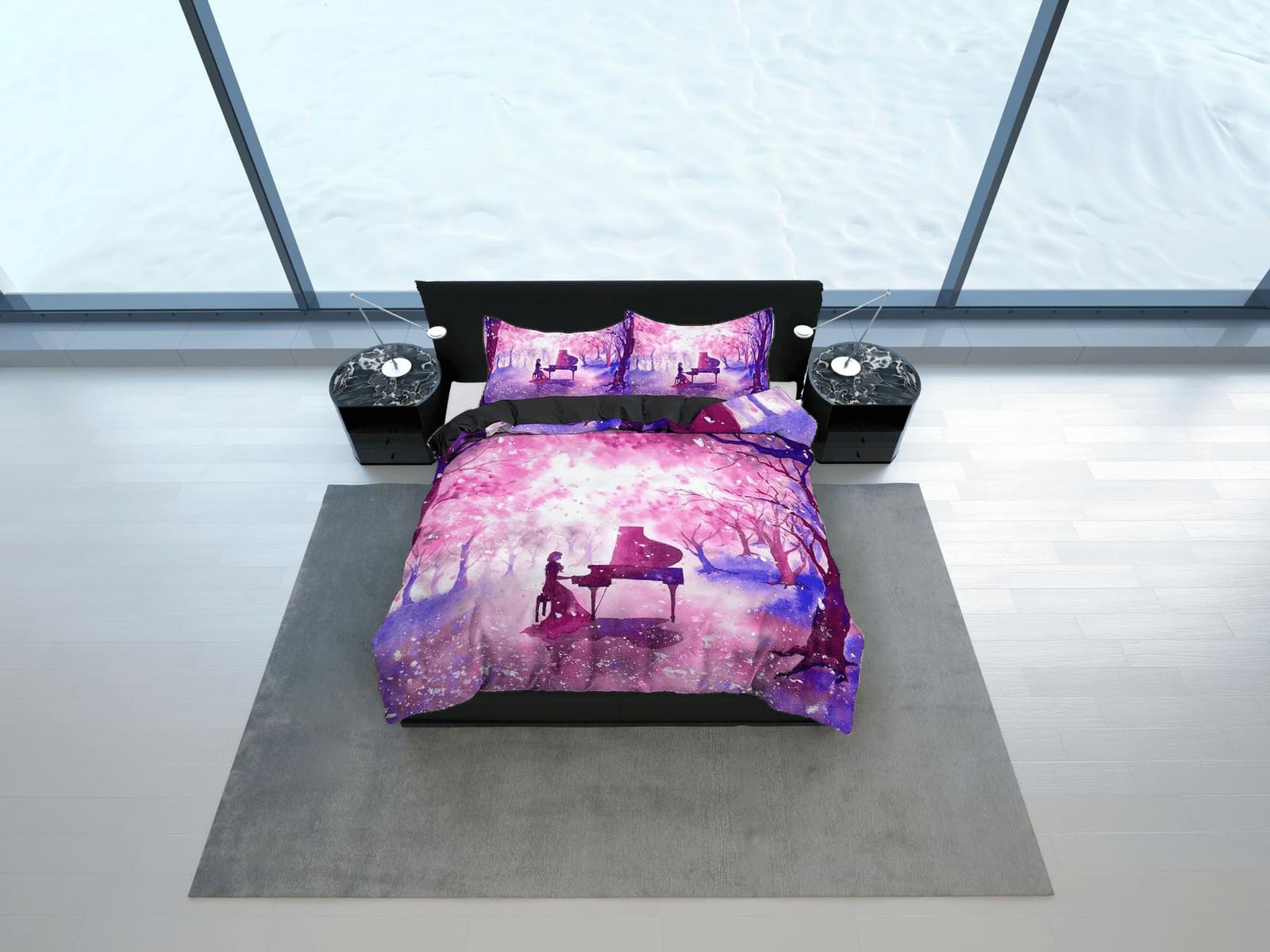 Night piano cherry blossom bedding floral prints duvet cover queen, king, boho bedding designer bedspread full size beddin…