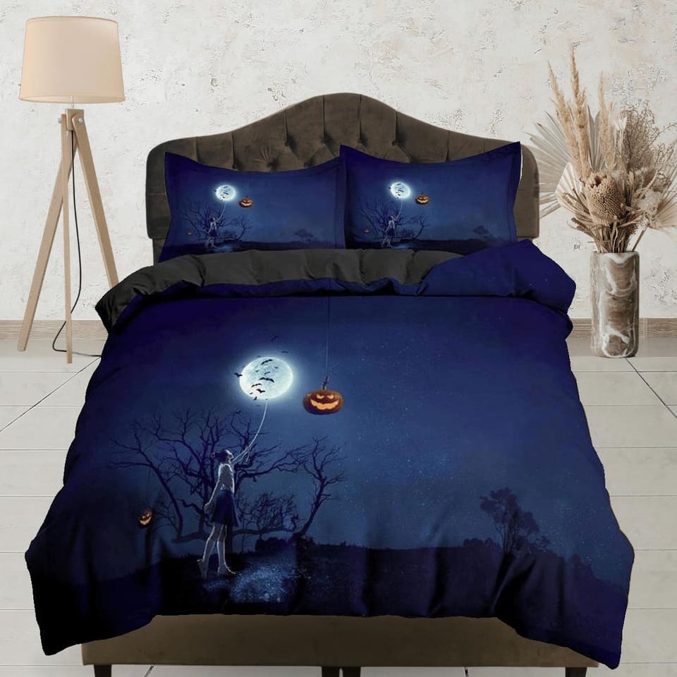 Night pumpkin halloween moon bedding & pillowcase, gothic duvet cover, dorm bedding, goth decor toddler bedding, halloween…