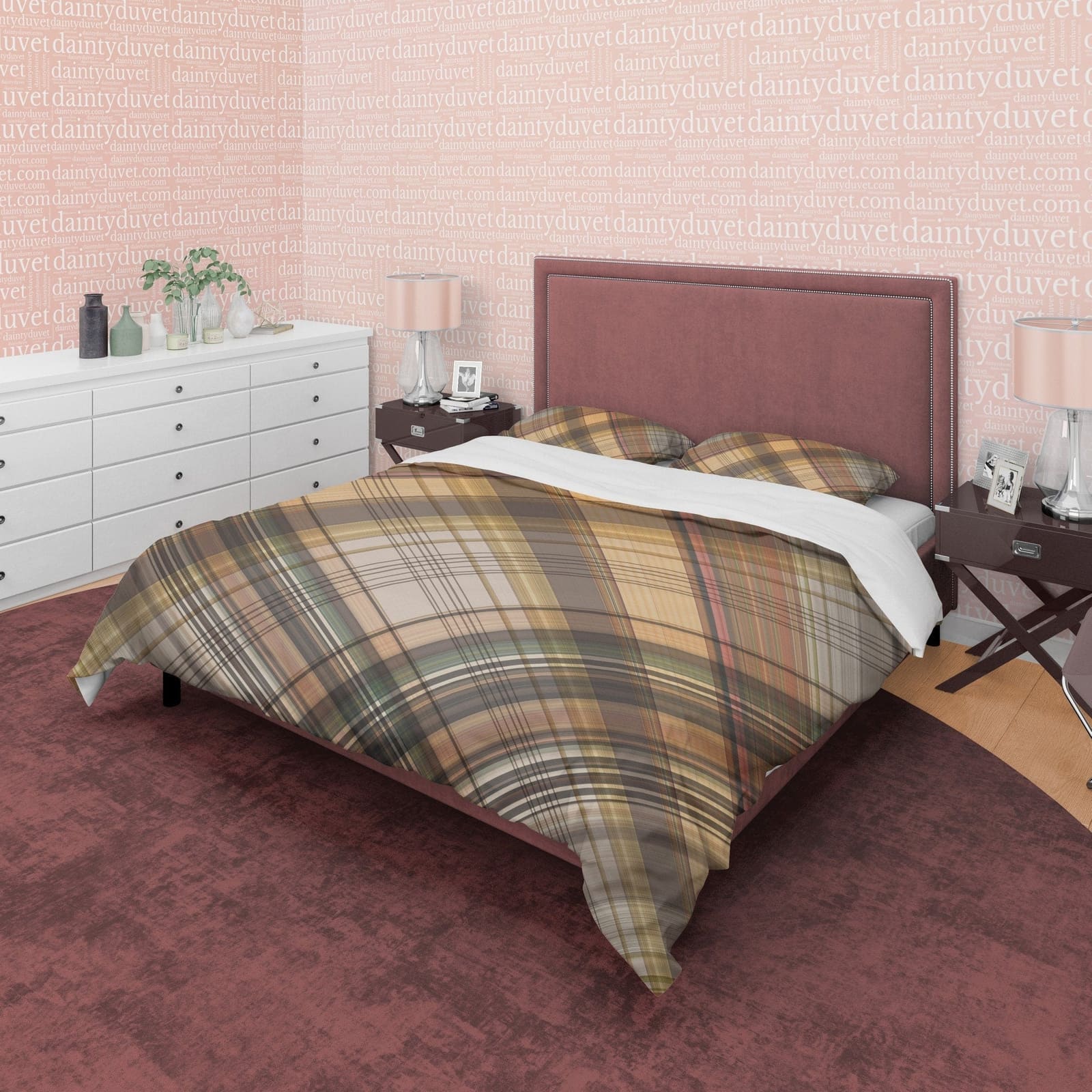 Nude Color Plaid Duvet Cover Checkered Geometric Bedding, Modern Farmhouse Rustic Bedroom Set, Tartan Quilt Cover, Brown G…
