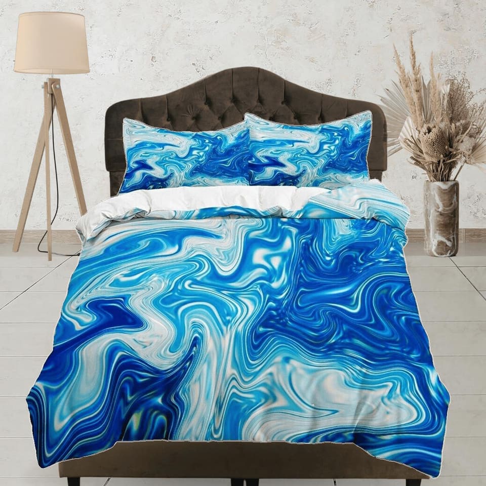 Ocean waves marble blue bedding contemporary bedroom set aesthetic duvet cover abstract art room decor boho chic bedding s…