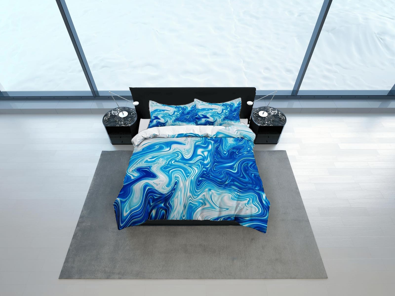 Ocean waves marble blue bedding contemporary bedroom set aesthetic duvet cover abstract art room decor boho chic bedding s…