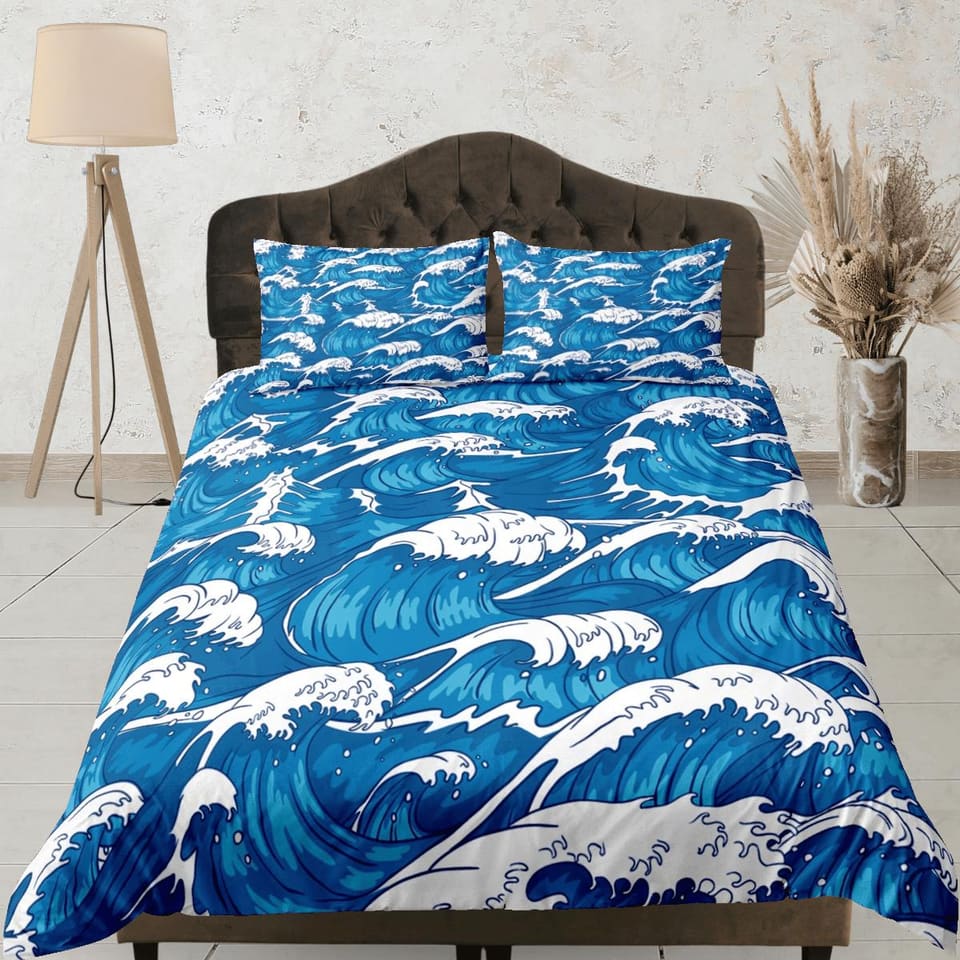 Ocean waves oriental bedding, cool bedding set, japanese blue duvet cover set for king, queen, full, twin, single, toddler…