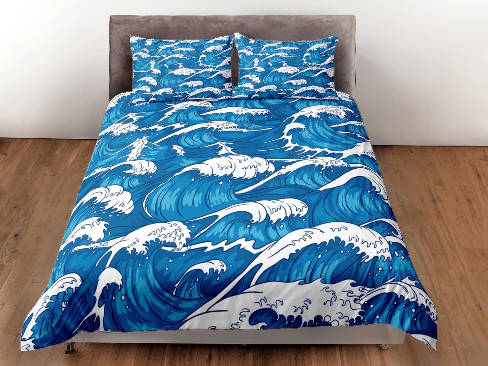 Ocean waves oriental bedding, cool bedding set, japanese blue duvet cover set for king, queen, full, twin, single, toddler…