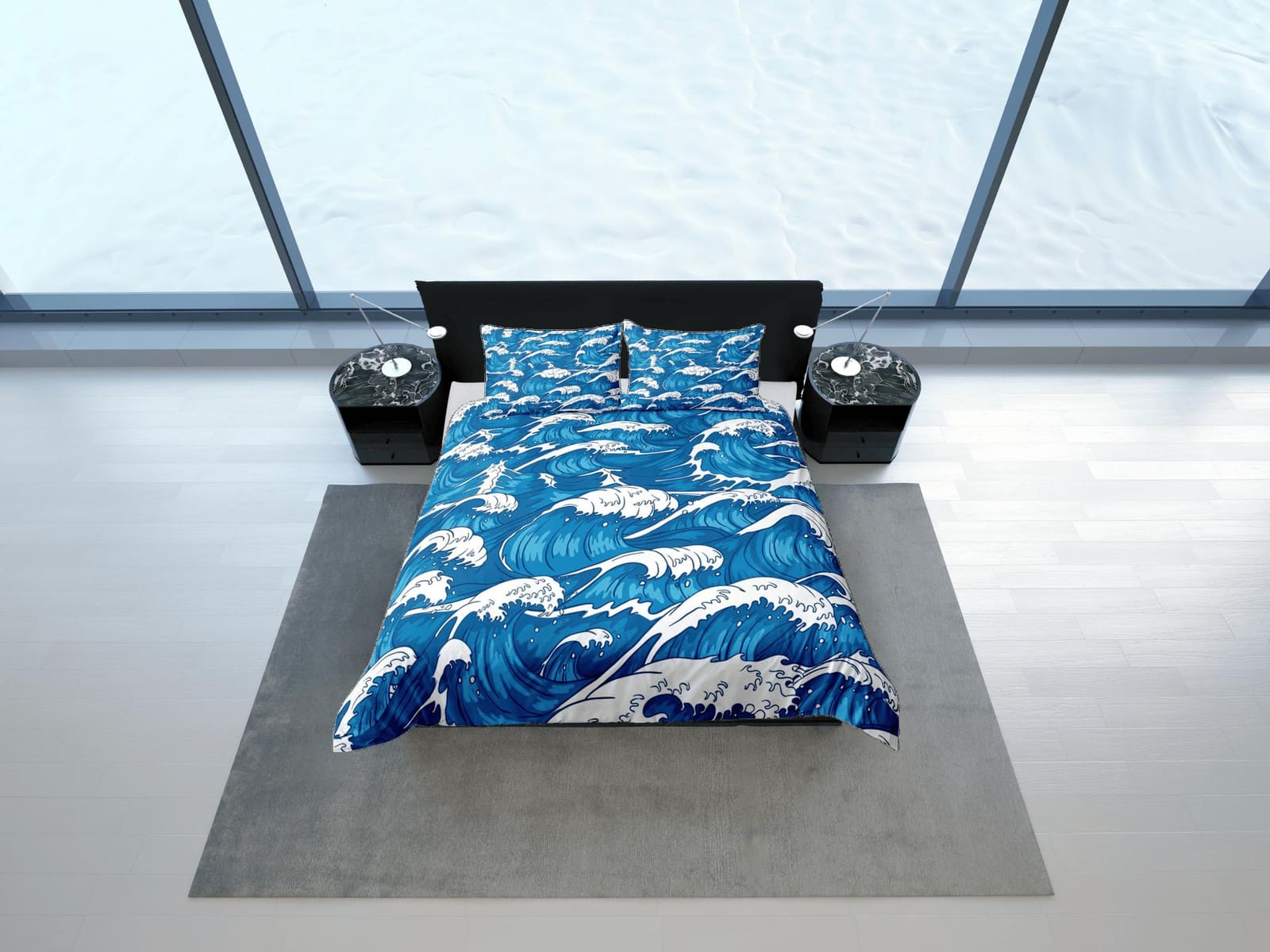 Ocean waves oriental bedding, cool bedding set, japanese blue duvet cover set for king, queen, full, twin, single, toddler…