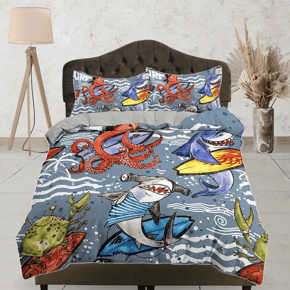 Octopus and Sharks Bedding, Duvet Cover Set & Pillowcase, Zipper Bedding, Dorm Bedding, Teens Adult Duvet King Queen Full…