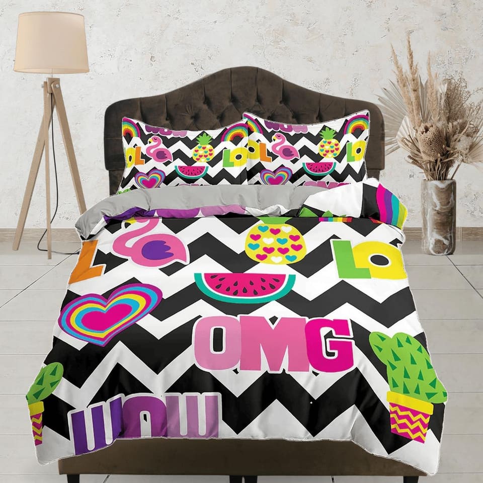 Omg funky black and white bedding, duvet cover for nursery kids, crib bedding with pillowcase, baby zipper bedding, king q…