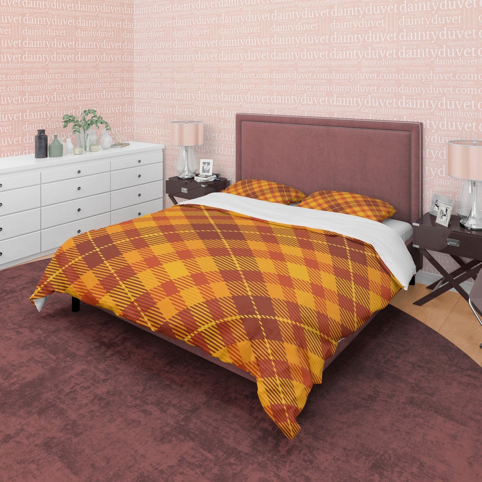 Orange Checkered Geometric Duvet Cover, Plaid Quilt Cover Modern Farmhouse Rustic Bedroom Set, Tartan Autumn Color Blanket…