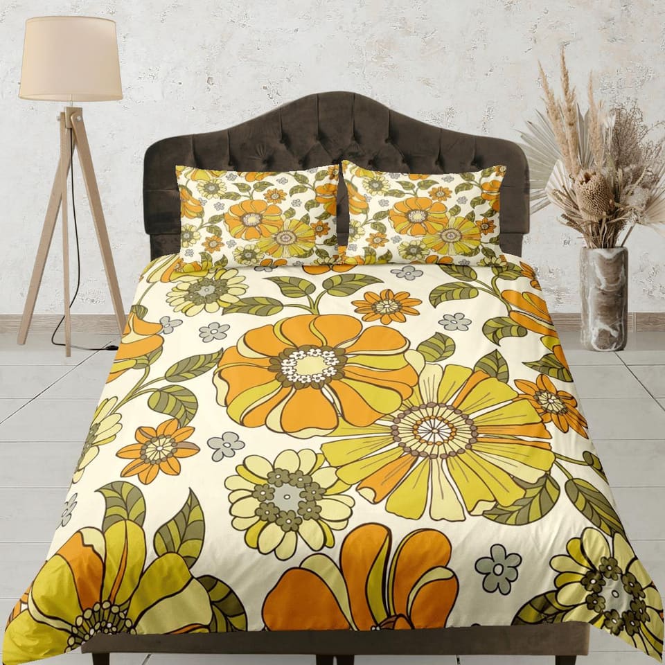 Orange daisies retro bedding mid century modern floral duvet cover colorful bed cover, vintage style boho chic bedspread a…