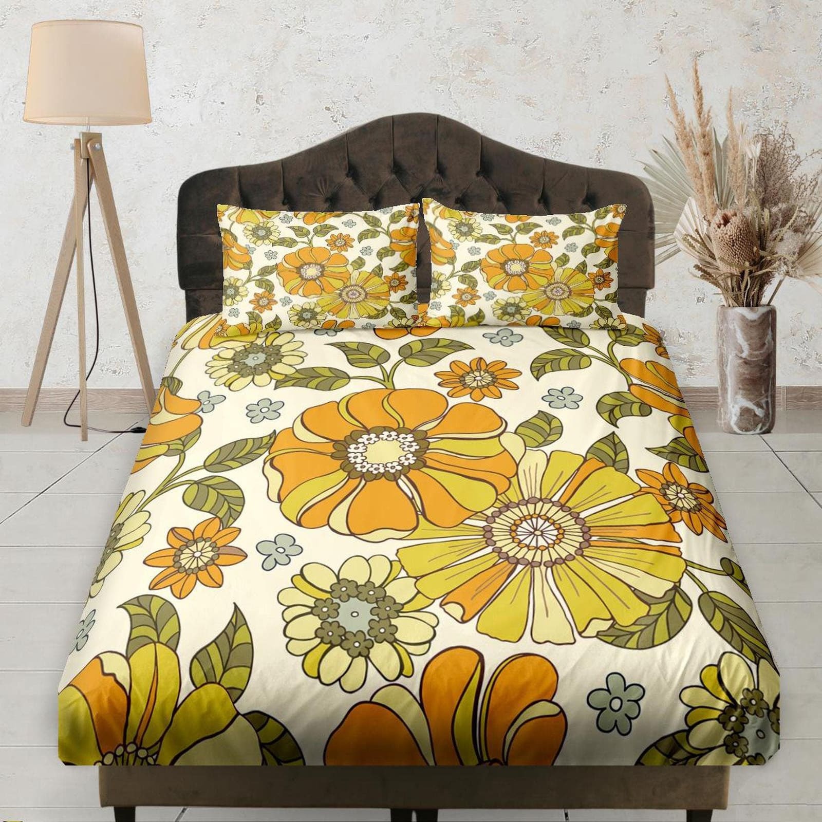 Orange Floral Printed Mid Century Modern Bedding, Fitted Sheet Deep Pocket, Aesthetic Boho Bedding Set Full, Elastic Bedsh…
