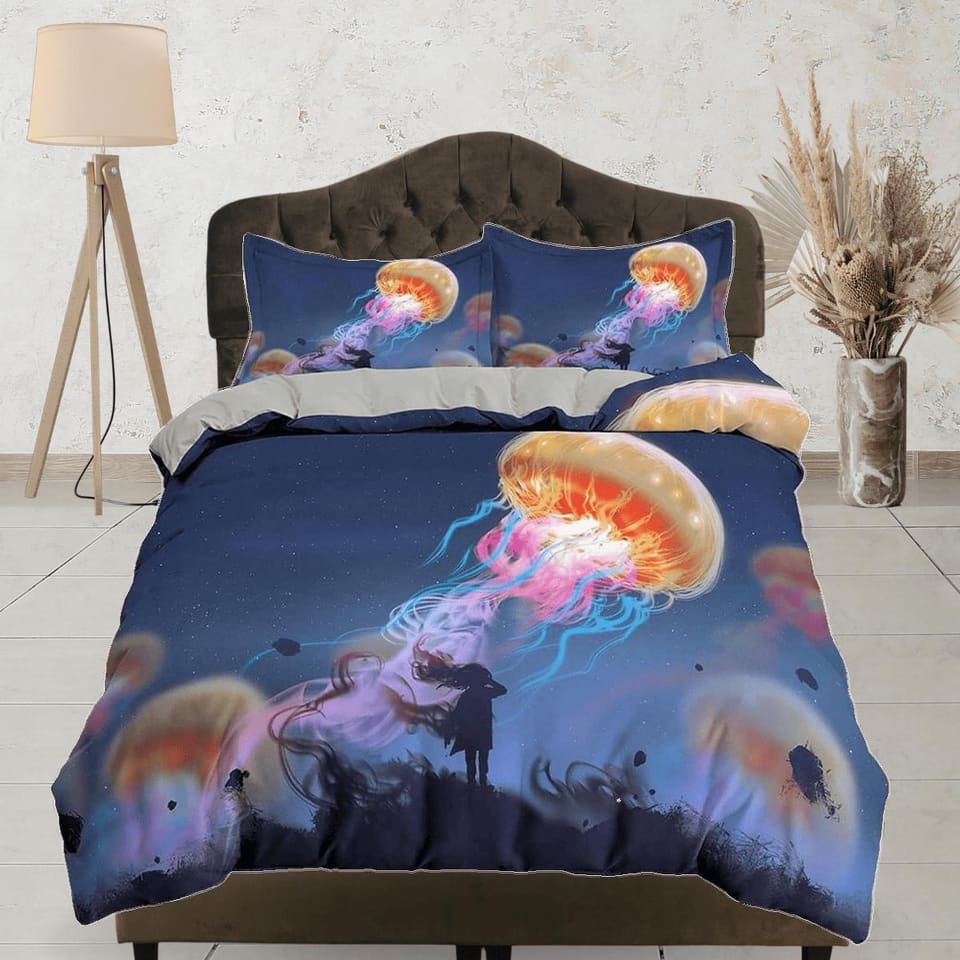Orange jellyfish & girl bedding duvet cover, ocean blush sea animal bedding set full king queen twin crib toddler, college…