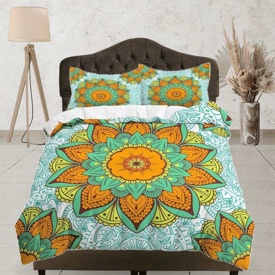 Orange mandala summer duvet cover boho bedding set full, queen, king, dorm bedding, aesthetic room decor indian bedspread…