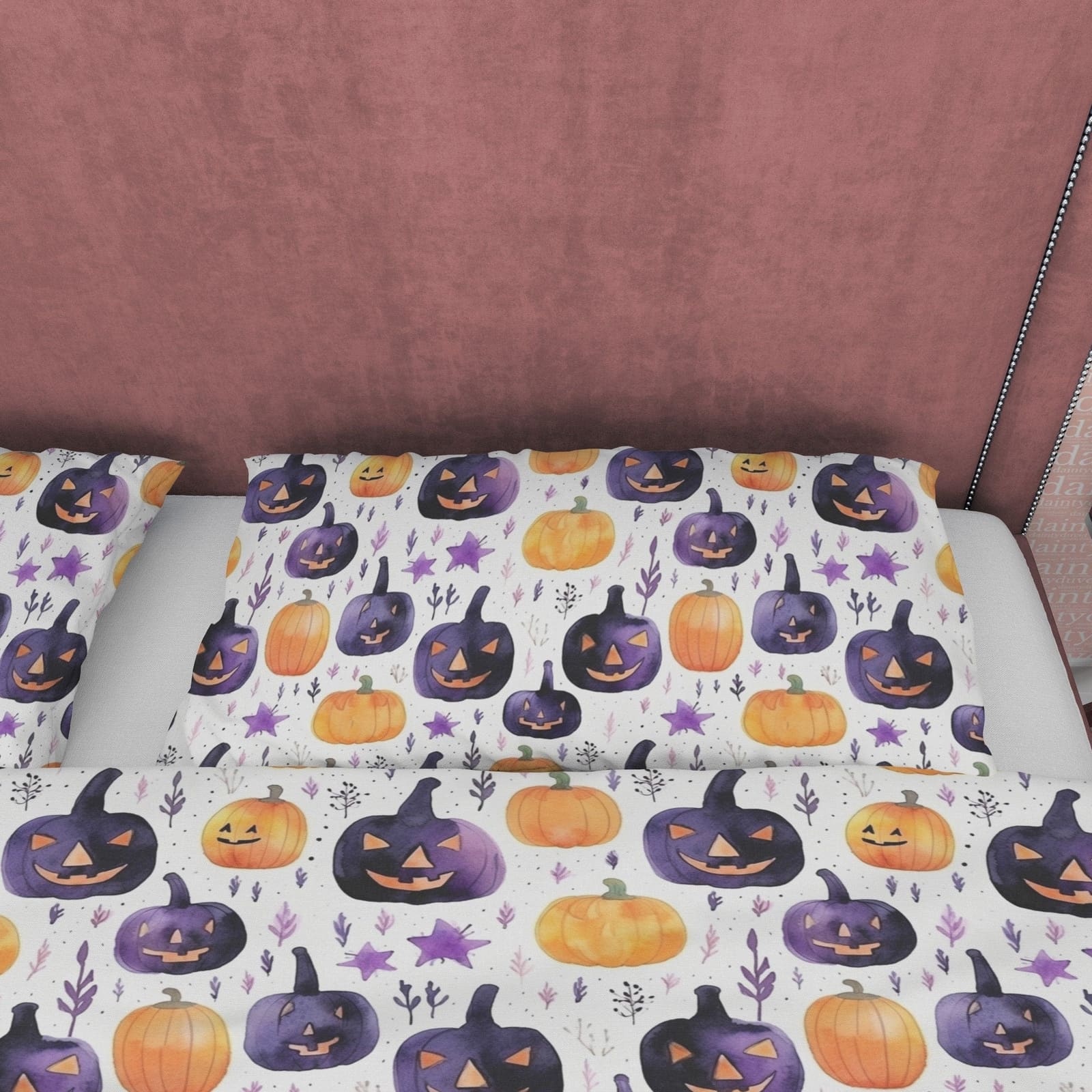 Orange & Purple Pumpkin Duvet Cover Set White Spooky Bedding, Halloween Room Decor, Aesthetic Quilt Cover, Dorm Bedding, C…