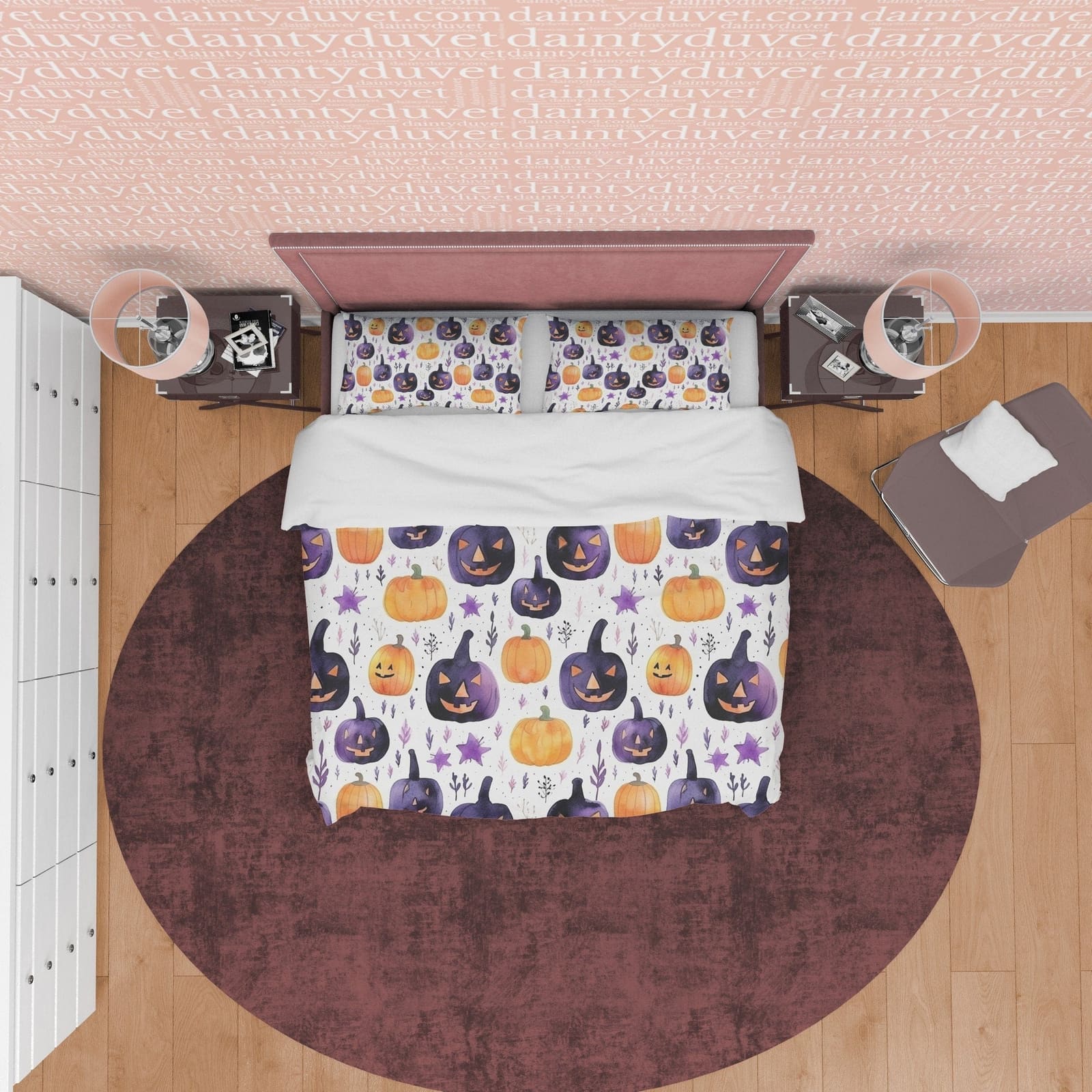 Orange & Purple Pumpkin Duvet Cover Set White Spooky Bedding, Halloween Room Decor, Aesthetic Quilt Cover, Dorm Bedding, C…