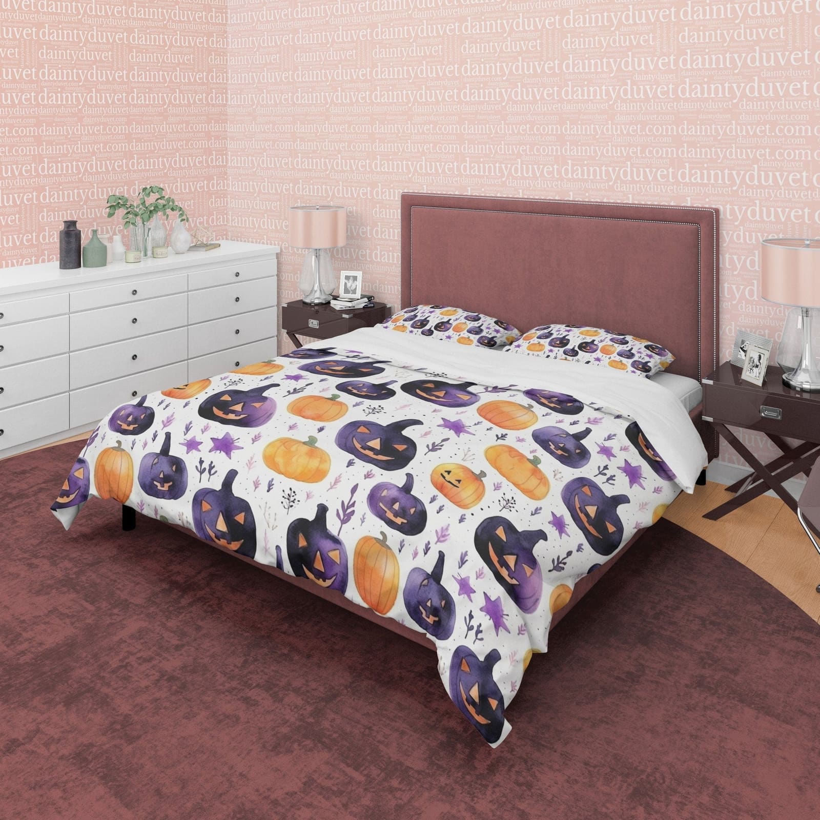 Orange & Purple Pumpkin Duvet Cover Set White Spooky Bedding, Halloween Room Decor, Aesthetic Quilt Cover, Dorm Bedding, C…
