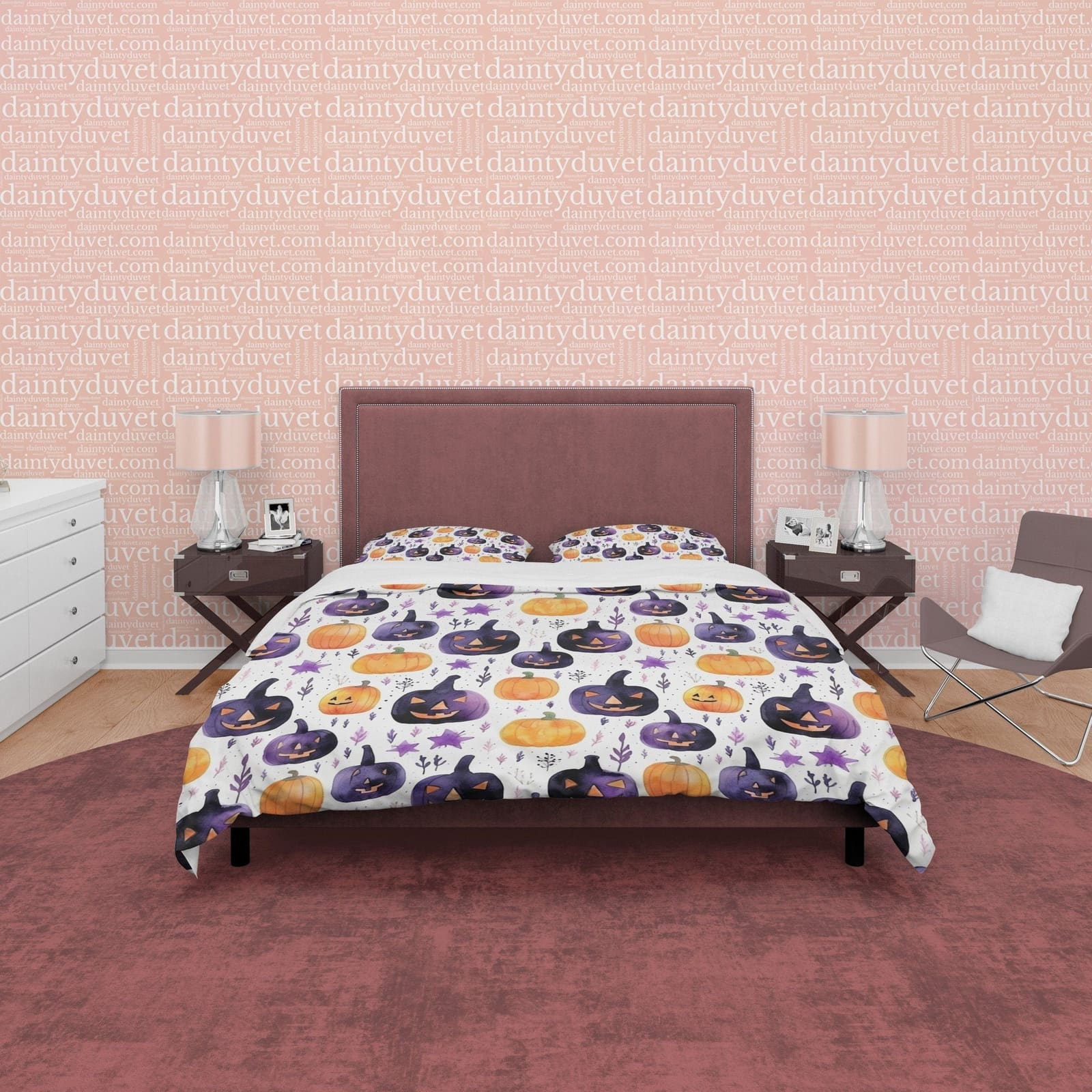 Orange & Purple Pumpkin Duvet Cover Set White Spooky Bedding, Halloween Room Decor, Aesthetic Quilt Cover, Dorm Bedding, C…
