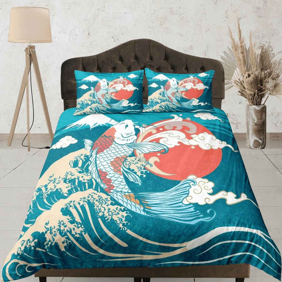 Oriental blue green bedding, koi fish in big ocean waves on japanese duvet cover set for king, queen, full, twin, single b…